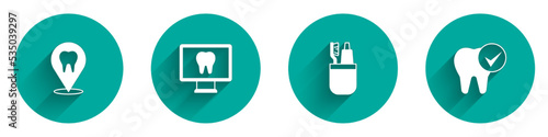 Set Dental clinic location, Online dental care, Toothbrush and toothpaste and icon with long shadow. Vector