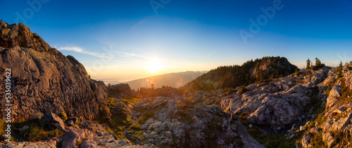 Rocky top of Canadian Mountain Landscape. Sunny Sunset Sky. Top of Mt Seymour near Vancouver  British Columbia  Canada. Nature Background Panorama