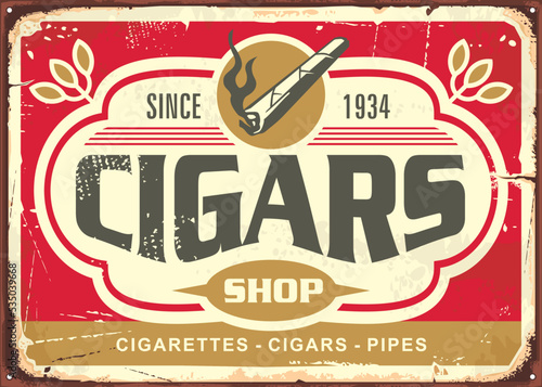 Cigars and tobacco retro tin sign template. Vintage vector illustration.