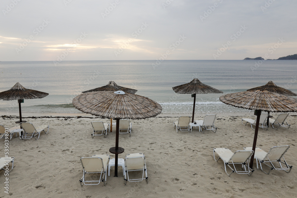 Golden Beach (Skala Potamia) on the Greek island of Thassos during a cloudy summer morning.