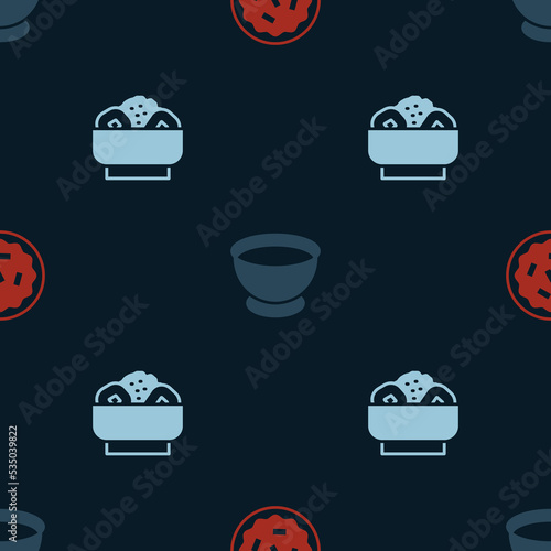 Set Homemade pie, Soy sauce in bowl and Chow mein on plate on seamless pattern. Vector