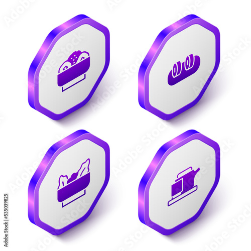 Set Isometric Chow mein on plate, Sushi, Wonton and Traditional tea ceremony icon. Purple hexagon button. Vector