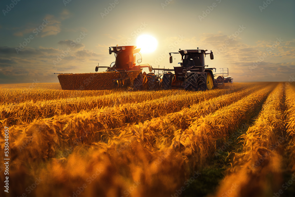 Fototapeta premium Tractor Working on Farm at Sunset Time, Modern Agricultural.