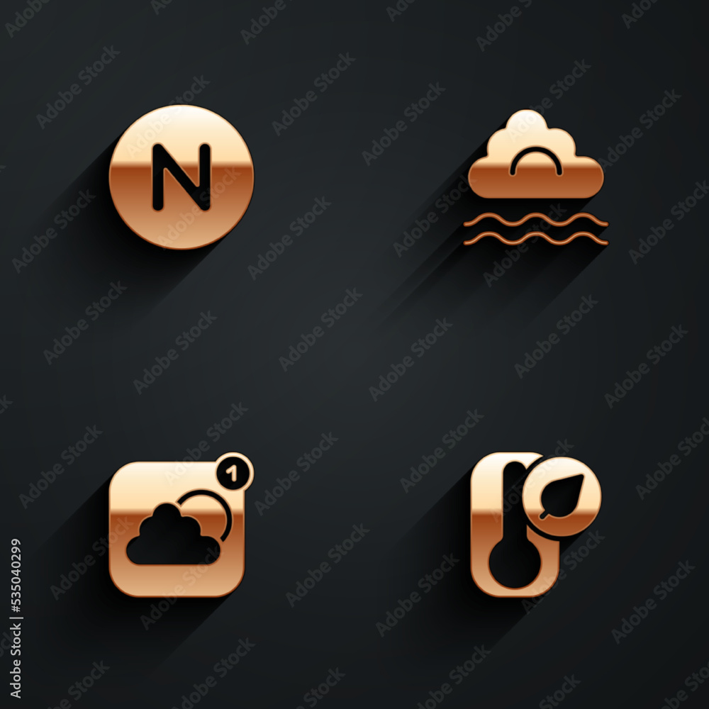 Set Compass north, Fog and cloud, Weather forecast app and Thermometer icon with long shadow. Vector