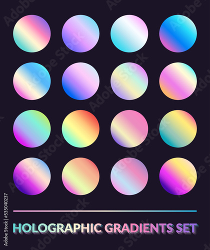 Holographic Gradients Set. Holographic Colors 90s 80s Retro Style Iridescent Linear Gradient