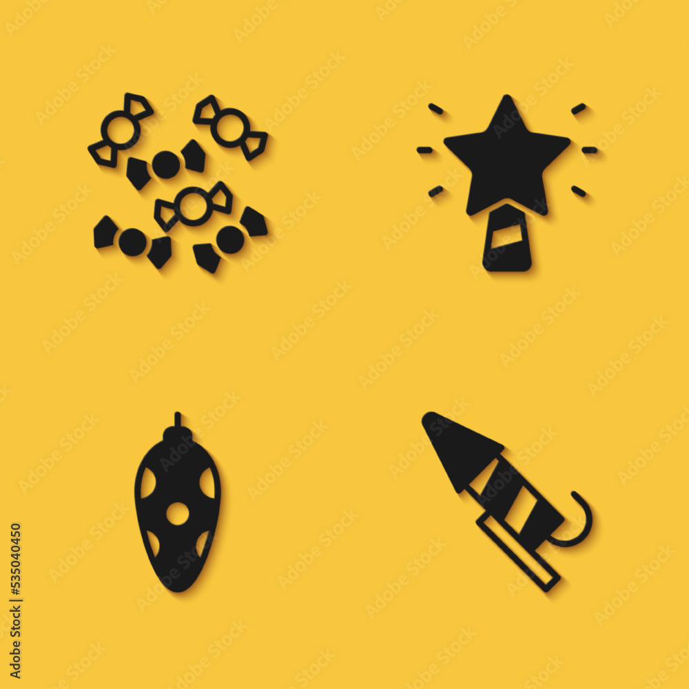 Set Candy, Firework rocket, Christmas toy and star icon with long shadow. Vector