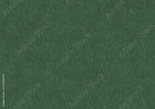 Hand-drawn unique abstract symmetrical seamless ornament. Bright semi transparent green on a deep warm green background. Paper texture. Digital artwork, A4. (pattern: p08-2b)