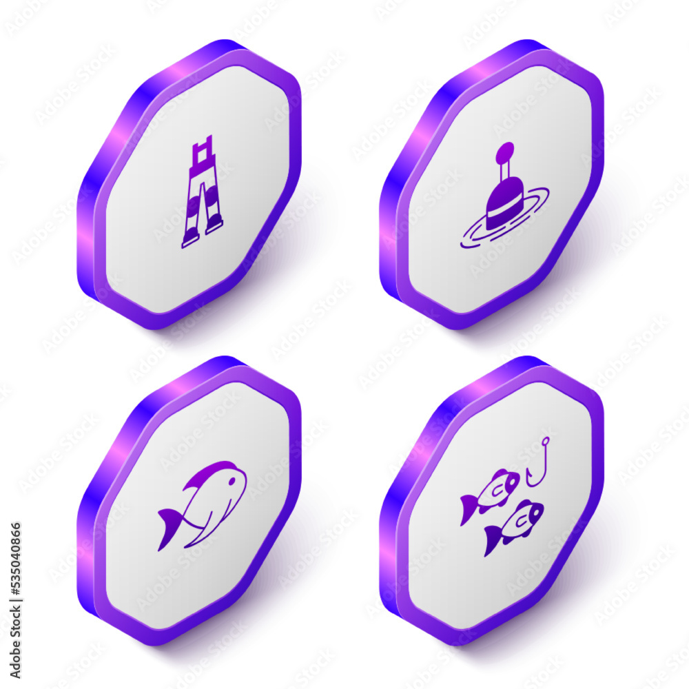 Set Isometric Fisherman pants, Fishing float in water, and hook with fish icon. Purple hexagon button. Vector Set Isometric Fisherman pants, Fishing float in water, and hook with fish icon. Purple hexagon button. Vector