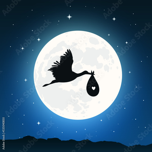 A flying stork carries a newborn baby. Flat, cute, cartoon illustration of stork and baby in its beak. Starry sky, full moon. Congratulations