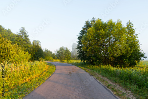 Landscape summer misty road with colourful trees, Poland, Europe and amazing blue sky with clouds, sunrise
