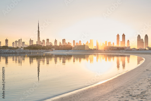 Photography Dubai skyline reflection at the sunrise
