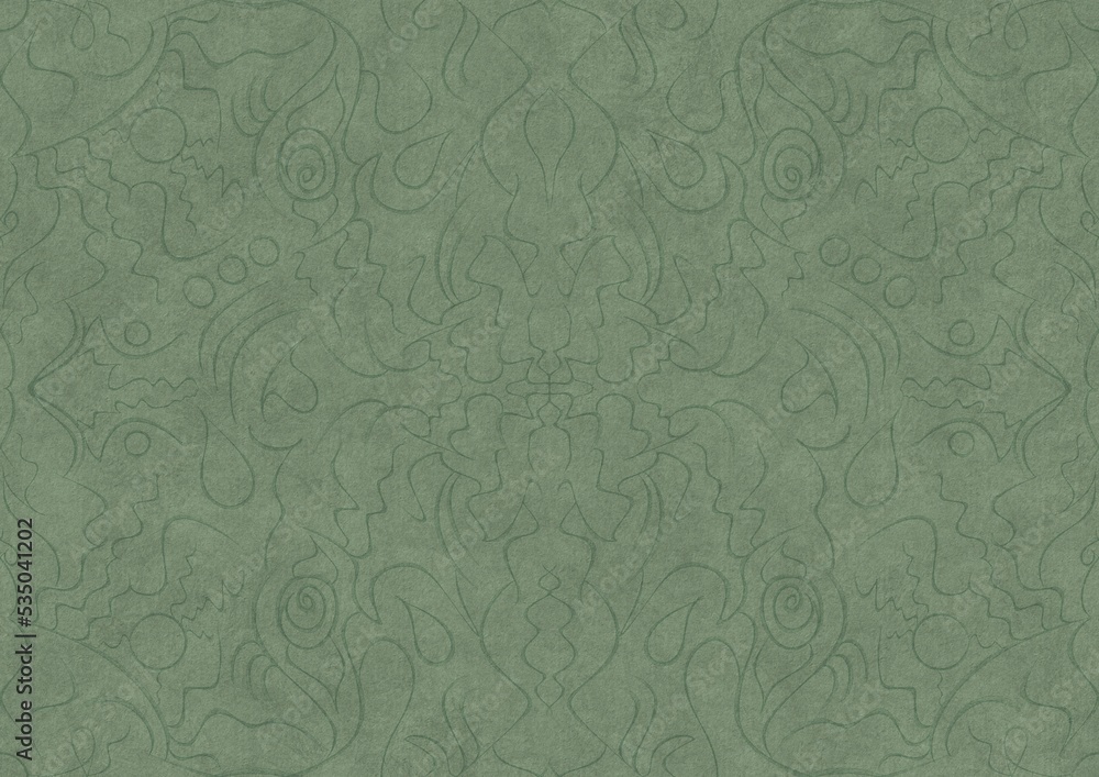 Hand-drawn unique abstract symmetrical seamless ornament. Dark semi transparent green on a light warm green background color. Paper texture. A4. (pattern: p07-1a)