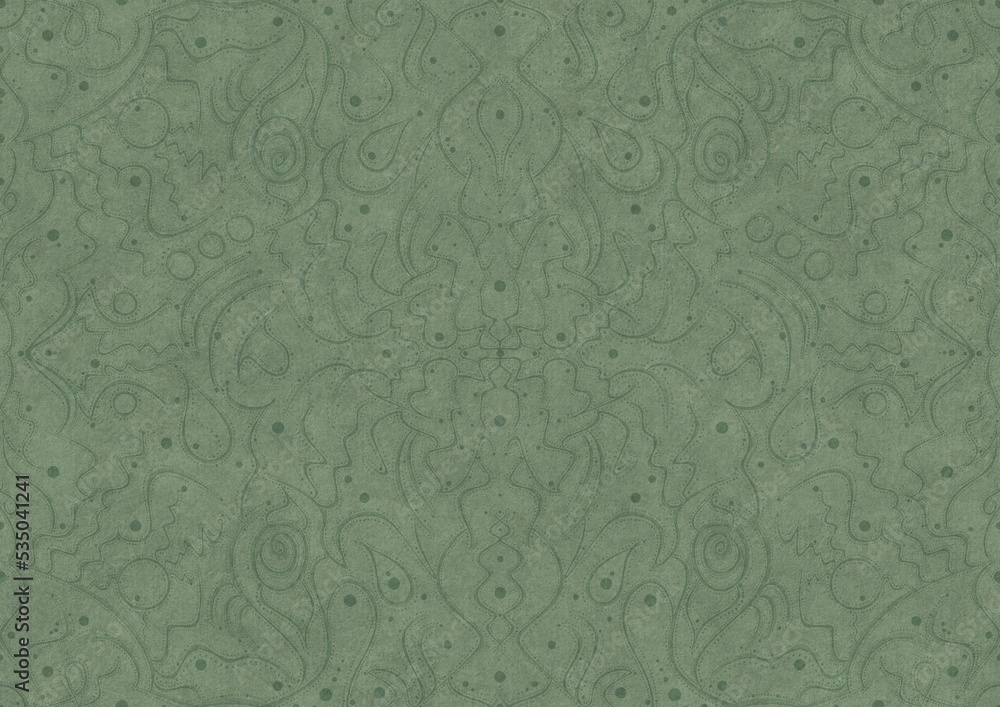 Hand-drawn unique abstract symmetrical seamless ornament. Dark semi transparent green on a light warm green background color. Paper texture. A4. (pattern: p07-2a) Hand-drawn unique abstract symmetrical seamless ornament. Dark semi transparent green on a light warm green background color. Paper texture. A4. (pattern: p07-2a)