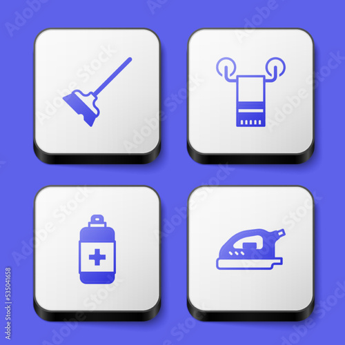 Set Mop, Towel on hanger, Antibacterial soap and Electric iron icon. White square button. Vector