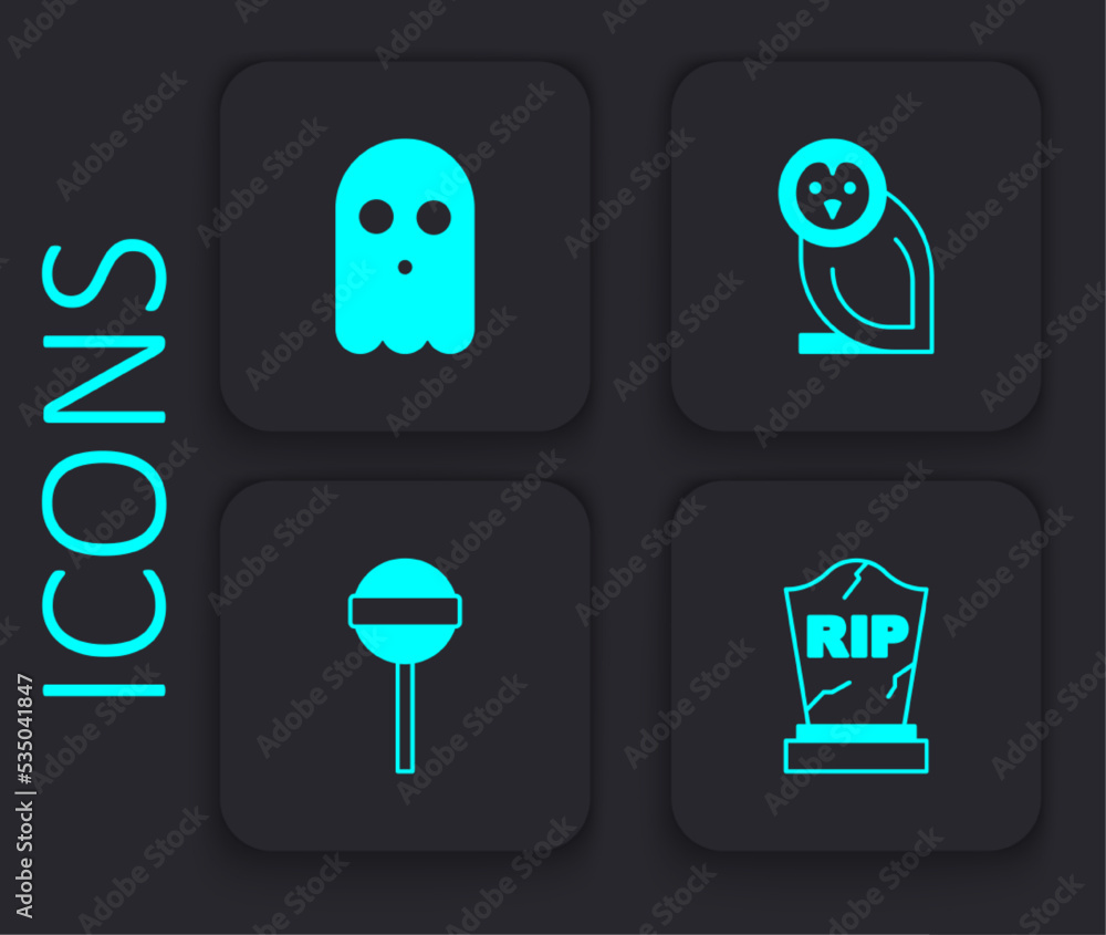 Set Tombstone with RIP written, Ghost, Owl bird and Lollipop icon. Black square button. Vector Set Tombstone with RIP written, Ghost, Owl bird and Lollipop icon. Black square button. Vector