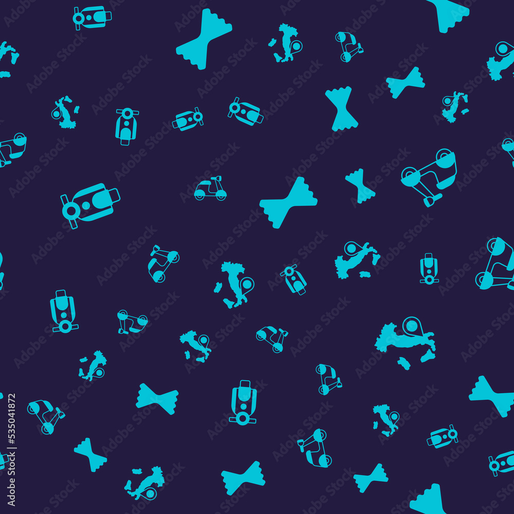 Set Scooter, Macaroni and Map of Italy on seamless pattern. Vector Set Scooter, Macaroni and Map of Italy on seamless pattern. Vector