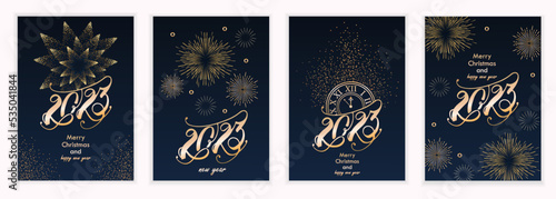 2023 new year. Fireworks, golden garlands, sparkling particles. Set of Christmas sparkling templates for holiday banners, flyers, cards, invitations, covers, posters. Vector illustration.