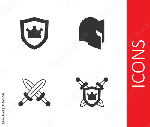 Set Shield with swords, crown, Crossed medieval and Medieval helmet icon. Vector