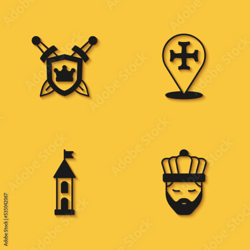 Set Shield with swords, King crown, Castle tower and Crusade icon with long shadow. Vector