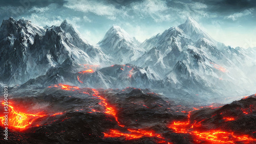 fire in the mountain  nature scenery with snow  lava and fire