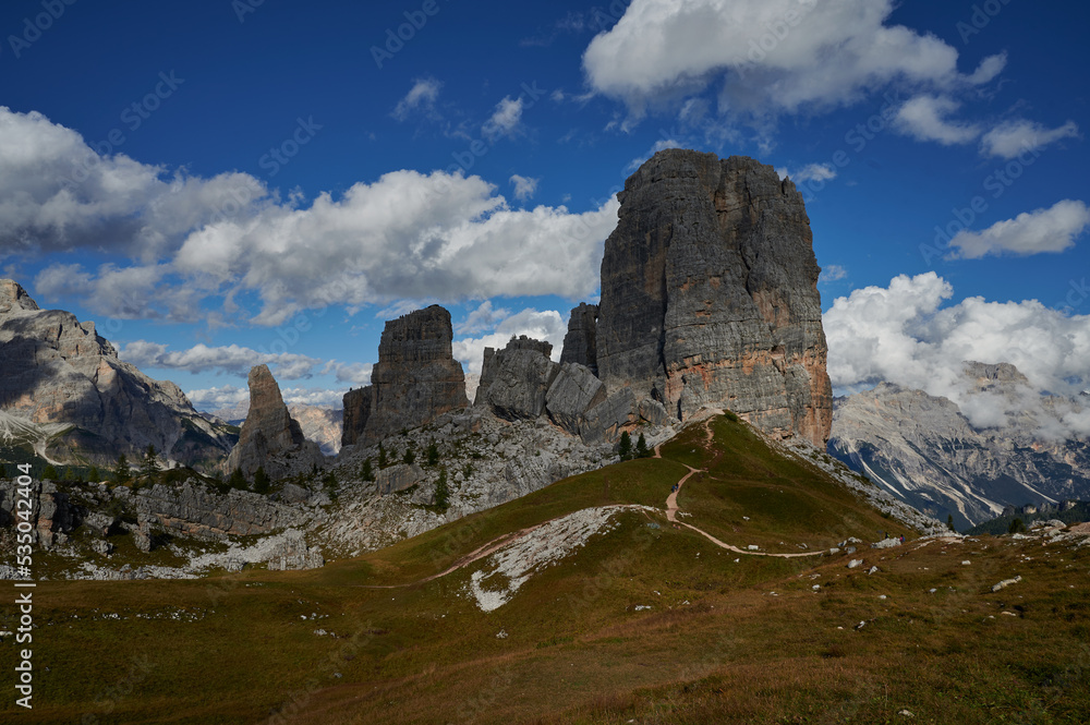 Majestic mountain dolomites landscape, Cinque Torri, South Tyrol Italian, Alps, Italy, Europe