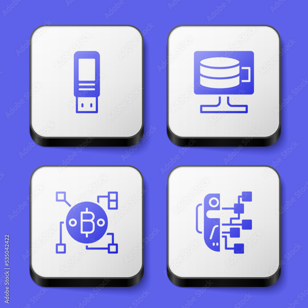 Set USB flash drive, Cloud database, Blockchain technology Bitcoin and Humanoid robot icon. White square button. Vector Set USB flash drive, Cloud database, Blockchain technology Bitcoin and Humanoid robot icon. White square button. Vector