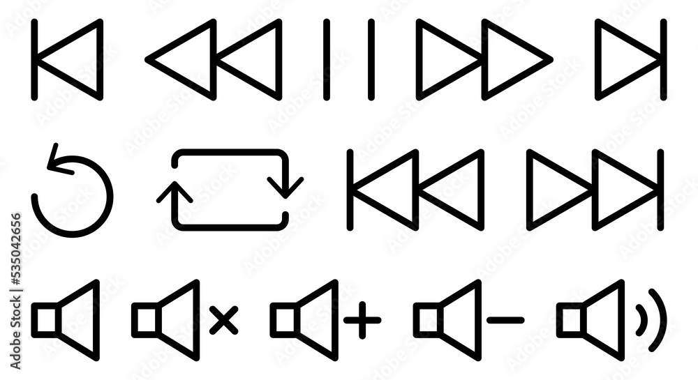 Set of media player icons in thin line style. Music сontrols icons. Vector illustration Set of media player icons in thin line style. Music сontrols icons. Vector illustration