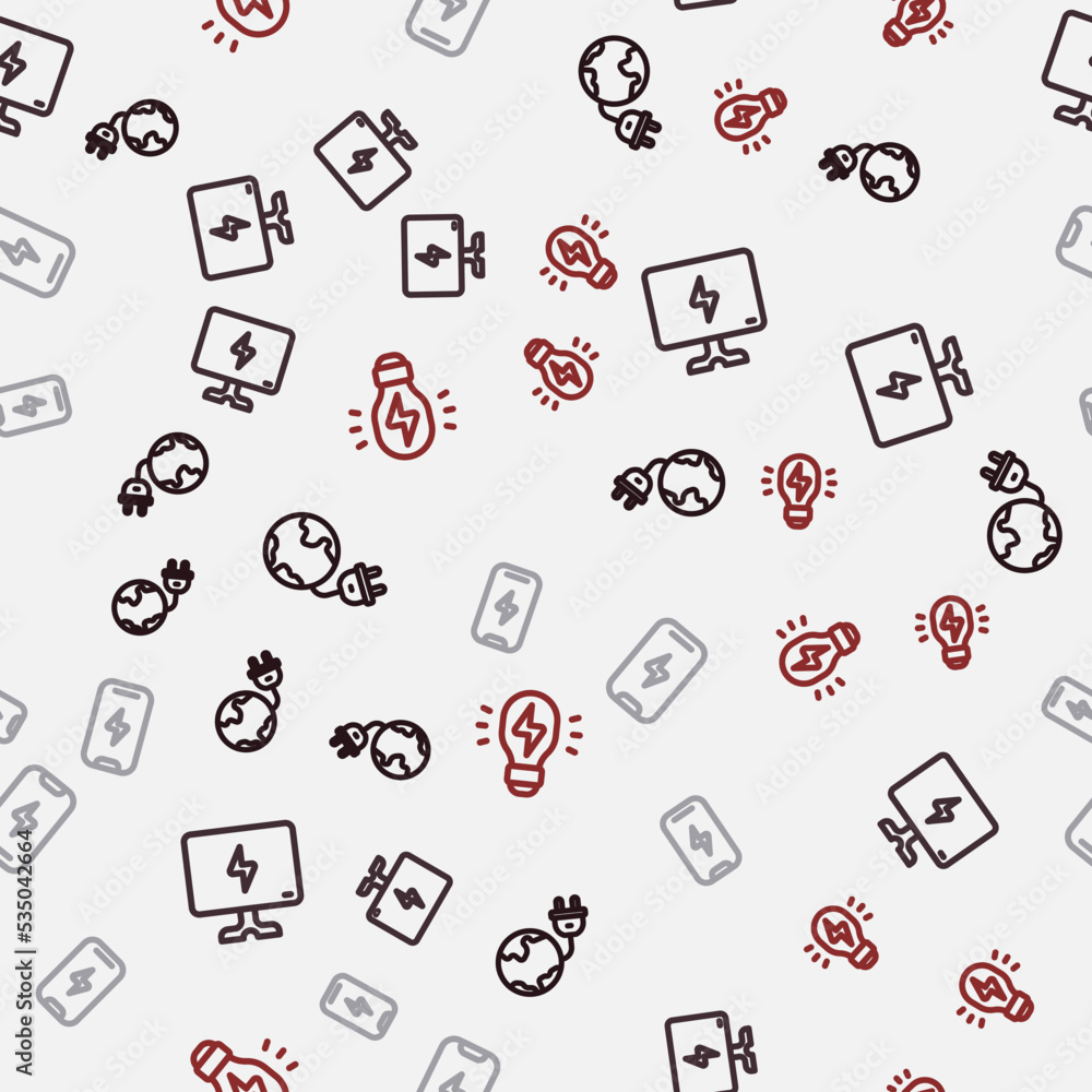 Set line Global energy planet with plug, Smart Tv, Mobile phone and Creative lamp light idea on seamless pattern. Vector Set line Global energy planet with plug, Smart Tv, Mobile phone and Creative lamp light idea on seamless pattern. Vector