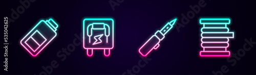 Set line Battery charge, Electrical panel, Soldering iron and Wire electric cable reel. Glowing neon icon. Vector