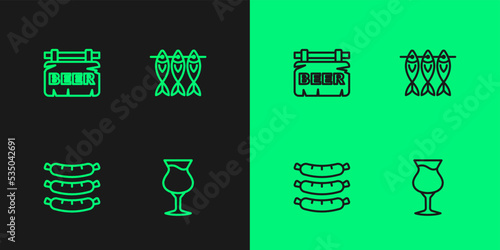 Set line Glass of beer, Sausage, Street signboard with Beer and Dried fish icon. Vector