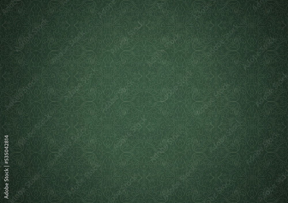 Fototapeta premium Hand-drawn unique abstract symmetrical seamless ornament. Bright green on a deep warm green with vignette of a darker background color. Paper texture. Digital artwork, A4. (pattern: p07-1c)