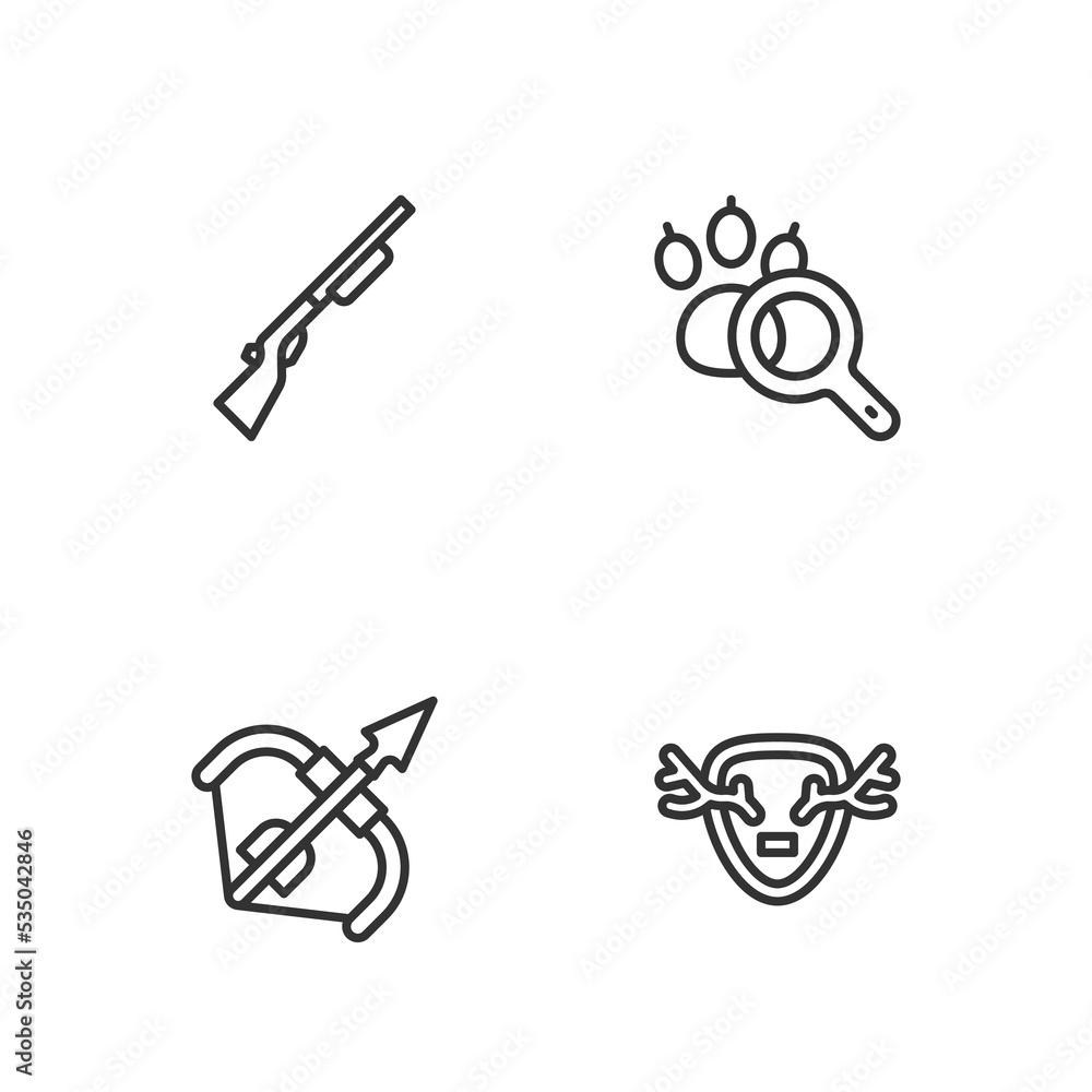 Fototapeta premium Set line Deer antlers on shield, Medieval bow and arrow, Hunting gun and Paw search icon. Vector