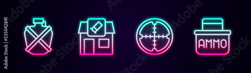 Set line Canteen water bottle, Hunting shop, Sniper optical sight and Ammunition box. Glowing neon icon. Vector