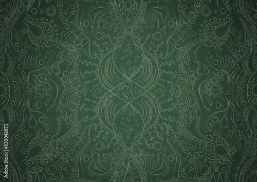 Hand-drawn unique abstract symmetrical seamless ornament. Bright green on a deep warm green with vignette of a darker background color. Paper texture. Digital artwork, A4. (pattern: p09a)
