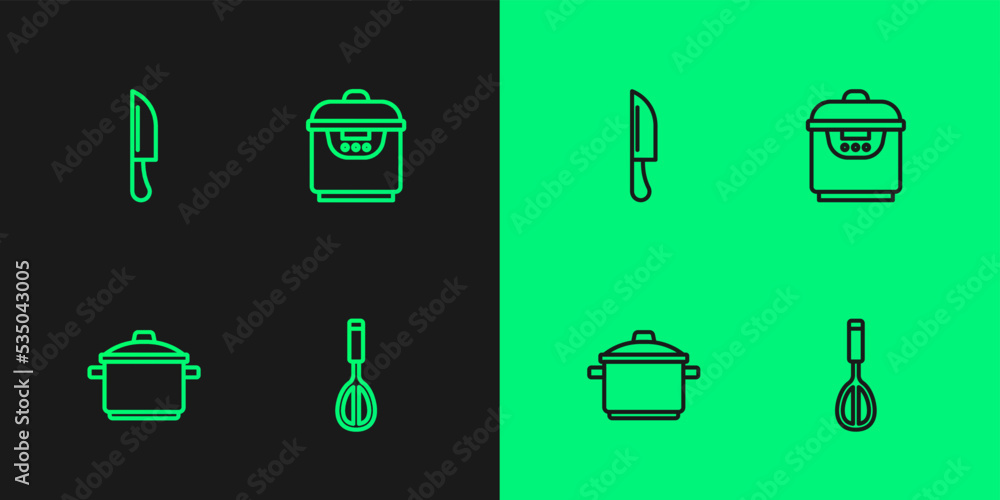 Set line Kitchen whisk, Cooking pot, Knife and Slow cooker icon. Vector Set line Kitchen whisk, Cooking pot, Knife and Slow cooker icon. Vector