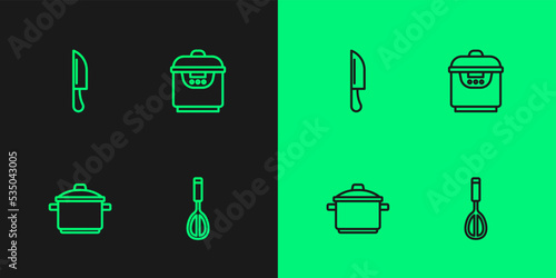 Set line Kitchen whisk, Cooking pot, Knife and Slow cooker icon. Vector