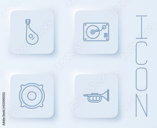Set line Bandura, Vinyl player with vinyl disk, Stereo speaker and Trumpet. White square button. Vector