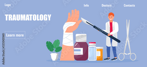Traumatologist concept vector. Tiny doctors of traumatology treat patient.