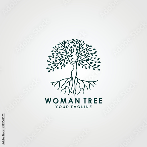Abstract Human tree logo. Unique Tree Vector illustration with circles and abstract female shapes.