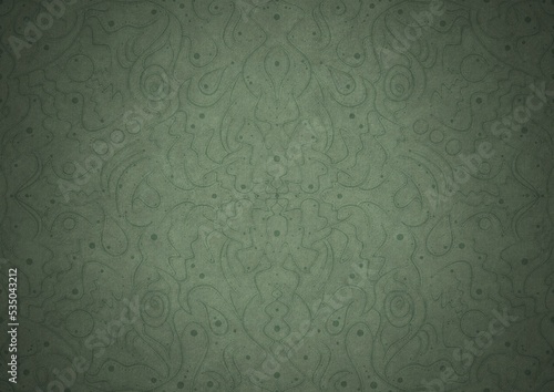 Hand-drawn unique abstract symmetrical seamless ornament. Dark semi transparent green on a light warm green with vignette of a darker background color. Paper texture. A4. (pattern: p07-2a)