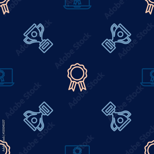 Set line Online education with diploma, Award cup and on seamless pattern. Vector