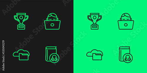 Set line Audio book, Cloud or online library, Award cup and Student working at laptop icon. Vector