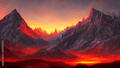 sunset over the mountains with lava