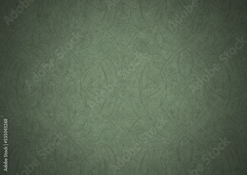 Hand-drawn unique abstract symmetrical seamless ornament. Dark semi transparent green on a light warm green with vignette of a darker background color. Paper texture. A4. (pattern: p08-2b)