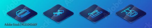 Set Isometric line Railway barrier, Coal train wagon, Cable car and Flag icon. Vector