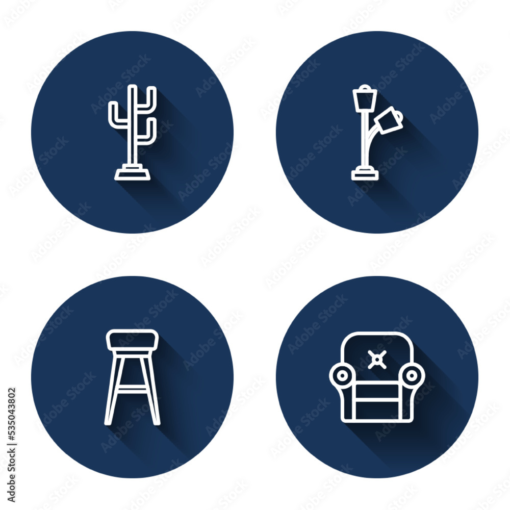 Set line Coat stand, Floor lamp, Chair and Armchair with long shadow. Blue circle button. Vector Set line Coat stand, Floor lamp, Chair and Armchair with long shadow. Blue circle button. Vector