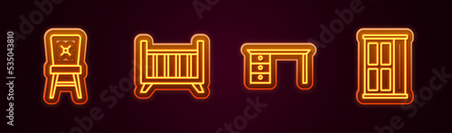 Set line Chair, Baby crib cradle bed, Office desk and Wardrobe. Glowing neon icon. Vector