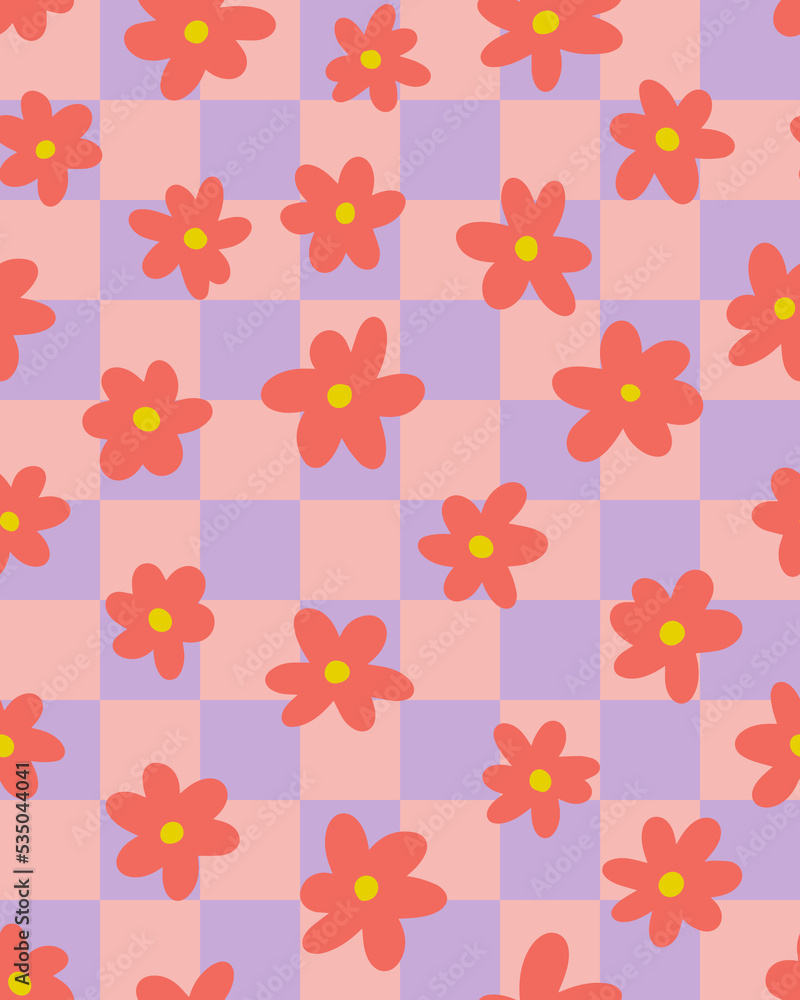 Obraz premium Naive, kid core simple flowers with check background all over surface print. Random placed, vector florals on grid seamless repeat pattern.