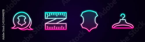 Set line Leather, Tape measure, and Hanger wardrobe. Glowing neon icon. Vector