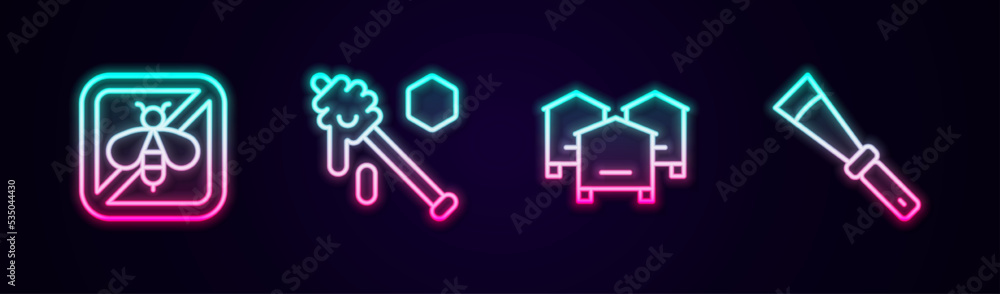 Set line Stop bee, Honey dipper stick, Hive for bees and Beekeeping knife. Glowing neon icon. Vector Set line Stop bee, Honey dipper stick, Hive for bees and Beekeeping knife. Glowing neon icon. Vector
